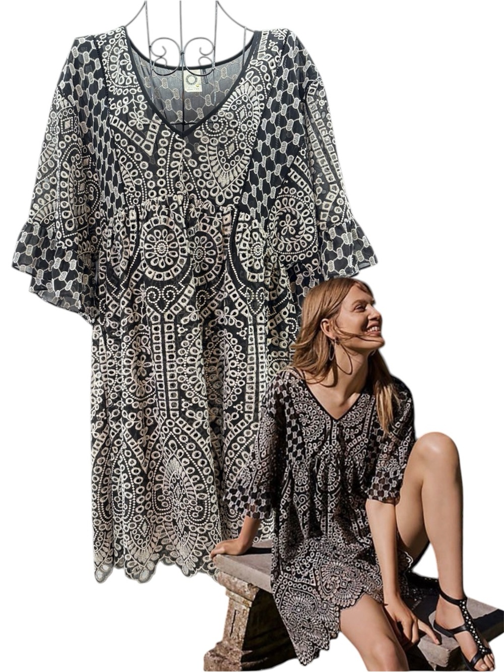 Anthropologie Akemi + Kin Brooke Eyelet Swing Mini Dress Black Cream Lace Size 4